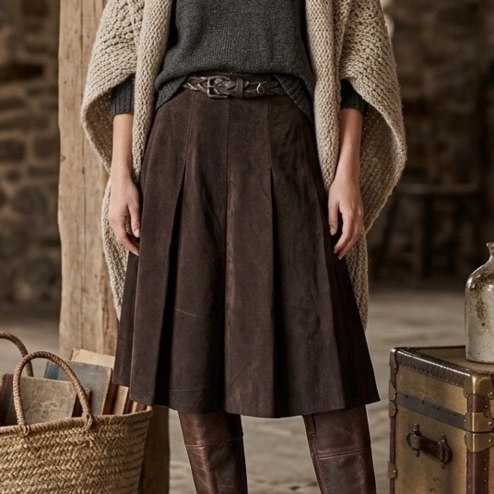 Vintage Le Chateau Brown Suede Pleated Midi Skirt A-Line Raw Hem - Size XS